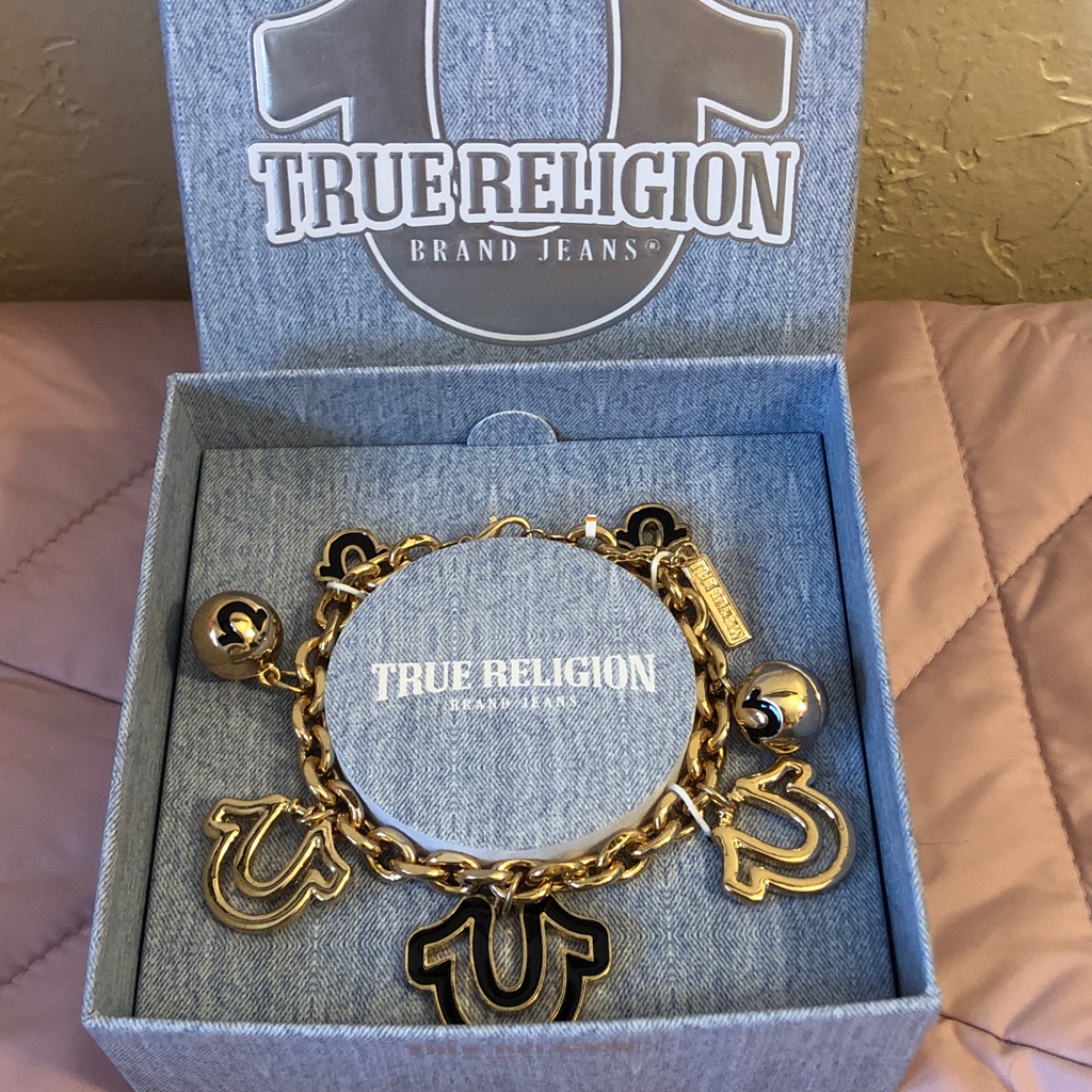 Nib True Religion Gold And Black Horseshoe Logo Charm Bracelet